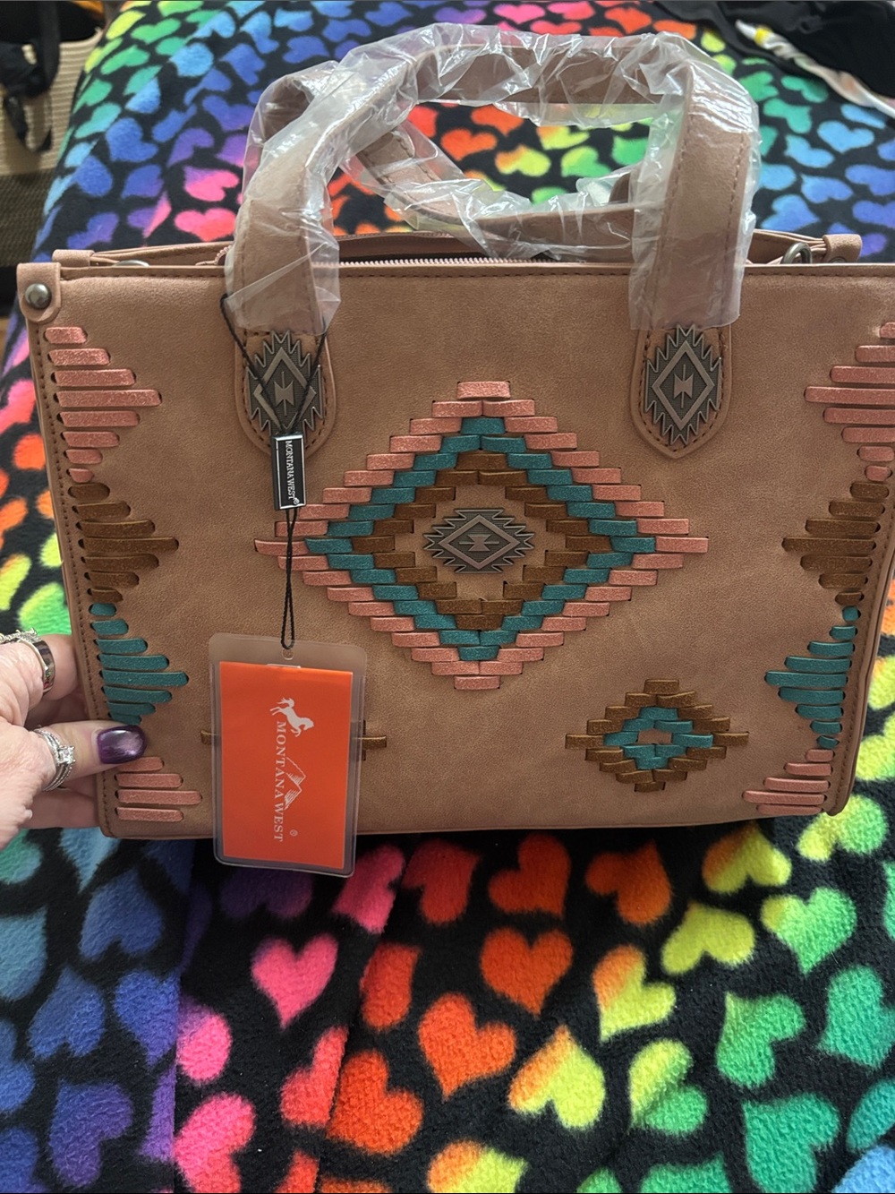 Montana West Tan Satchel with Teal and Rust Aztec Embroidery